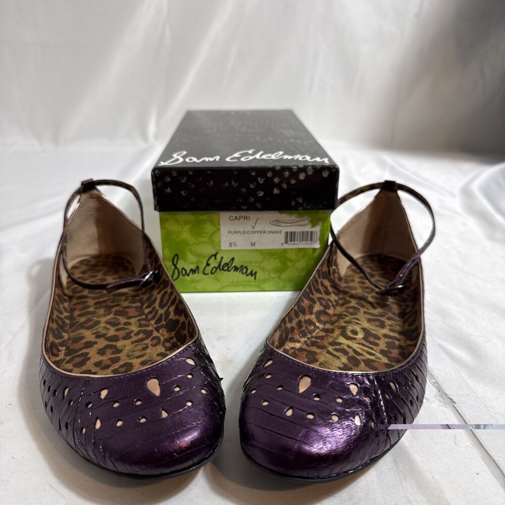 Sam Edelman Capri Shoes Womens 8.5M Flat Purple Copper Snake Ankle Strap In Box